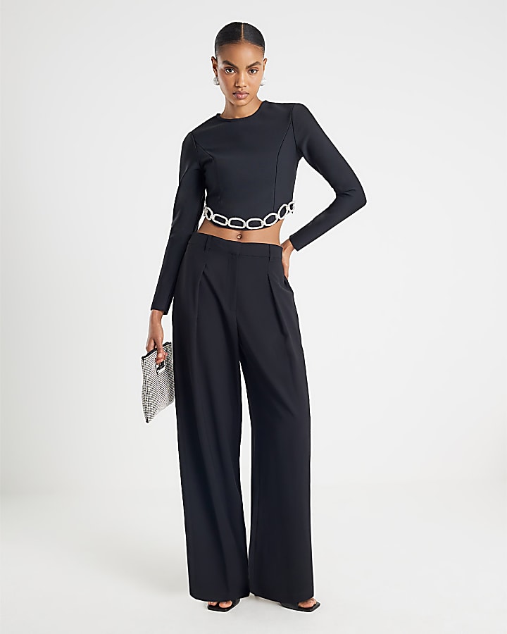 Black Diamante Chain Detail Cropped Top