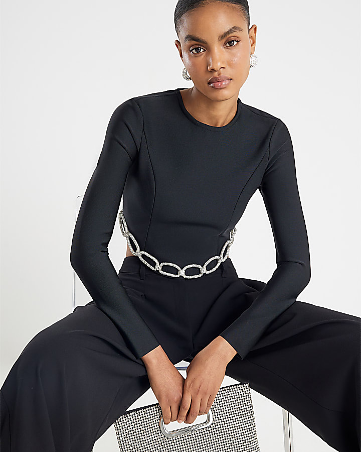 Black Diamante Chain Detail Cropped Top