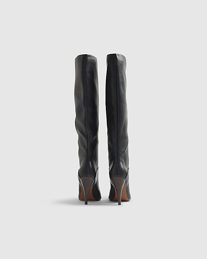 Black Knee High Cone Heel Boots