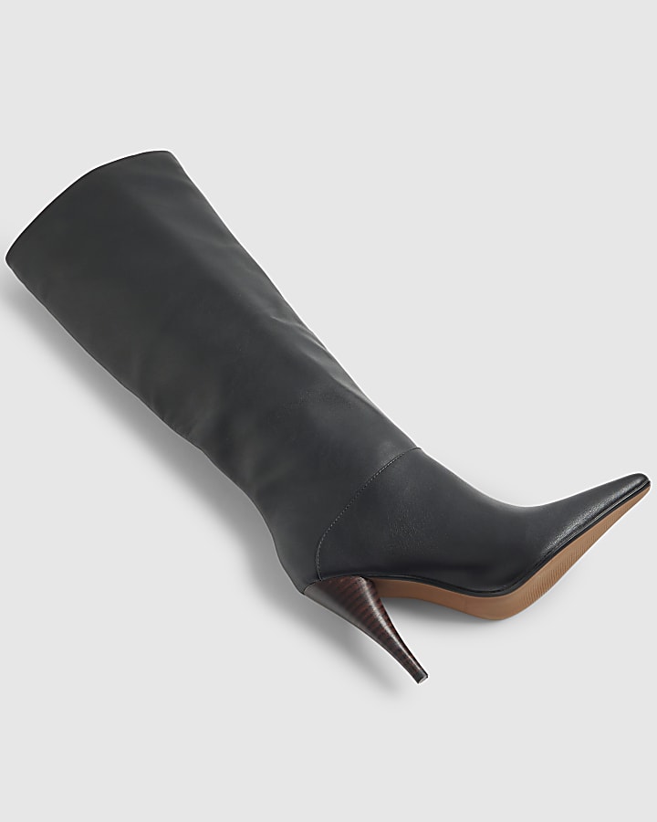 Black Knee High Cone Heel Boots