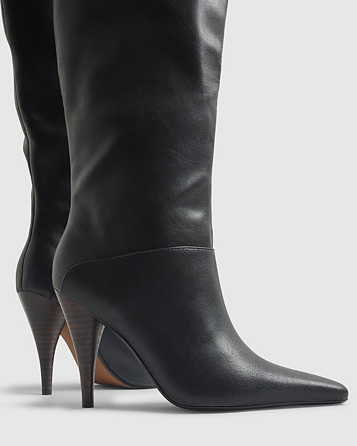 Black Knee High Cone Heel Boots