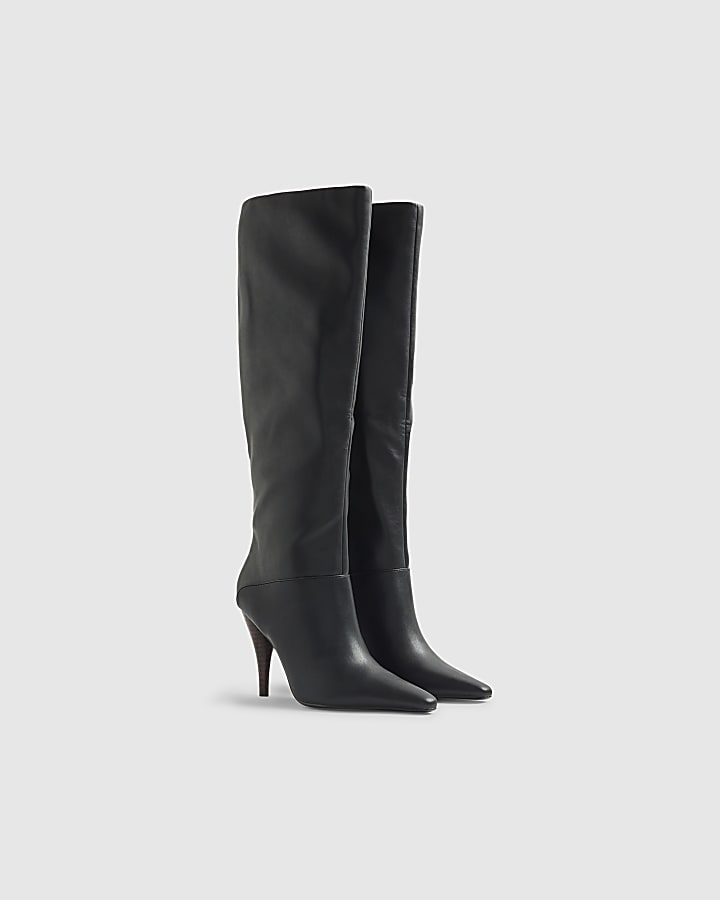 Black Knee High Cone Heel Boots