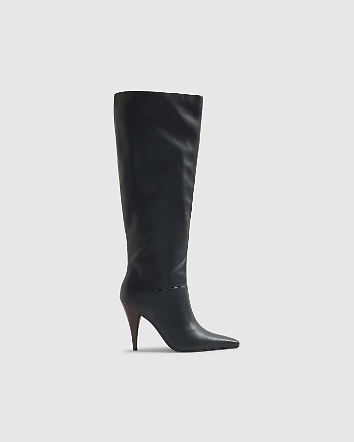 Black Knee High Cone Heel Boots