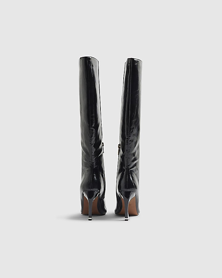 Black Flared Knee High Boots