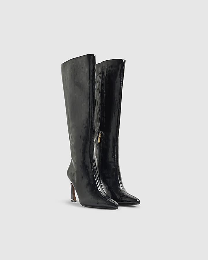 Black Flared Knee High Boots