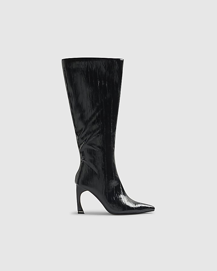 Black Flared Knee High Boots