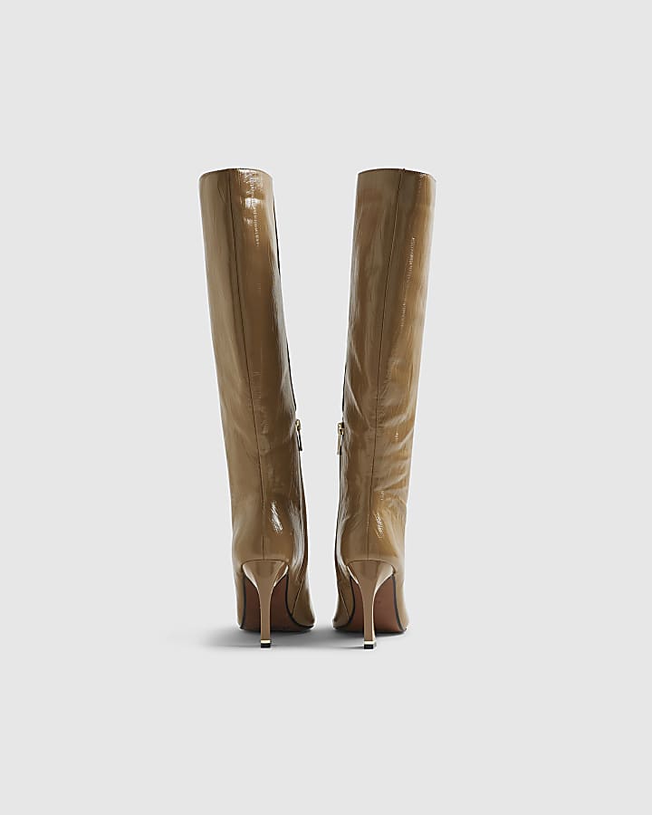 Beige Flared Knee High Boots