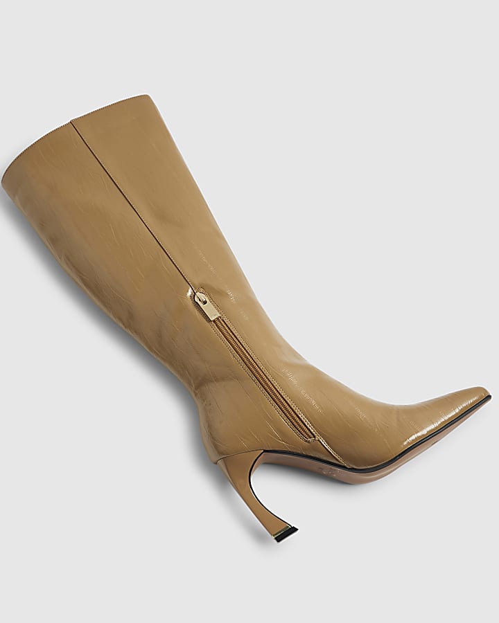 Beige Flared Knee High Boots