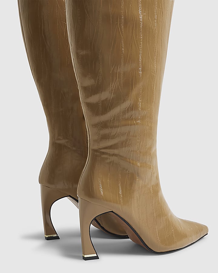 Beige Flared Knee High Boots