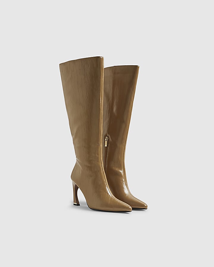 Beige Flared Knee High Boots