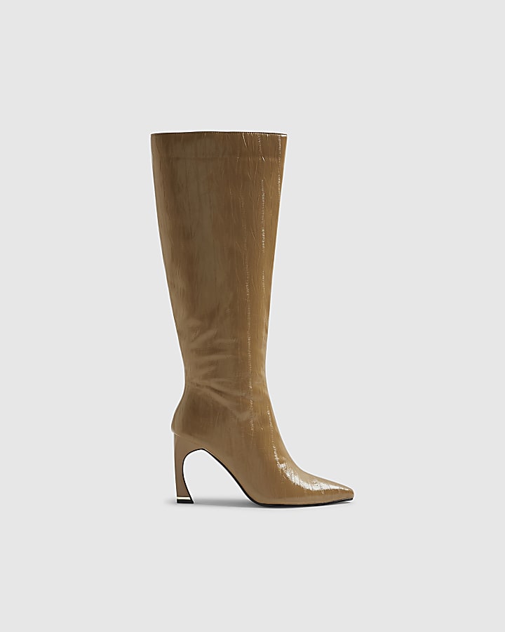 Beige Flared Knee High Boots