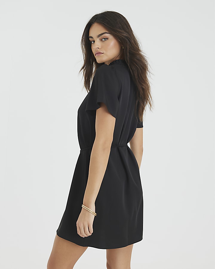 Black Belted Fluted Mini Dress