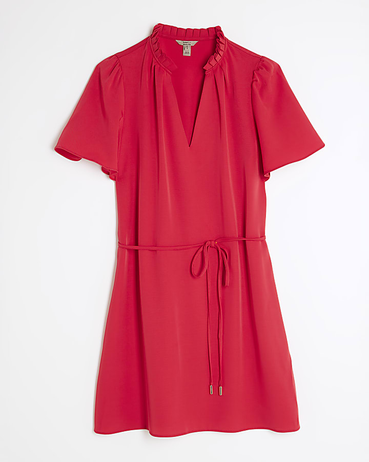 Red Belted Fluted Mini Dress