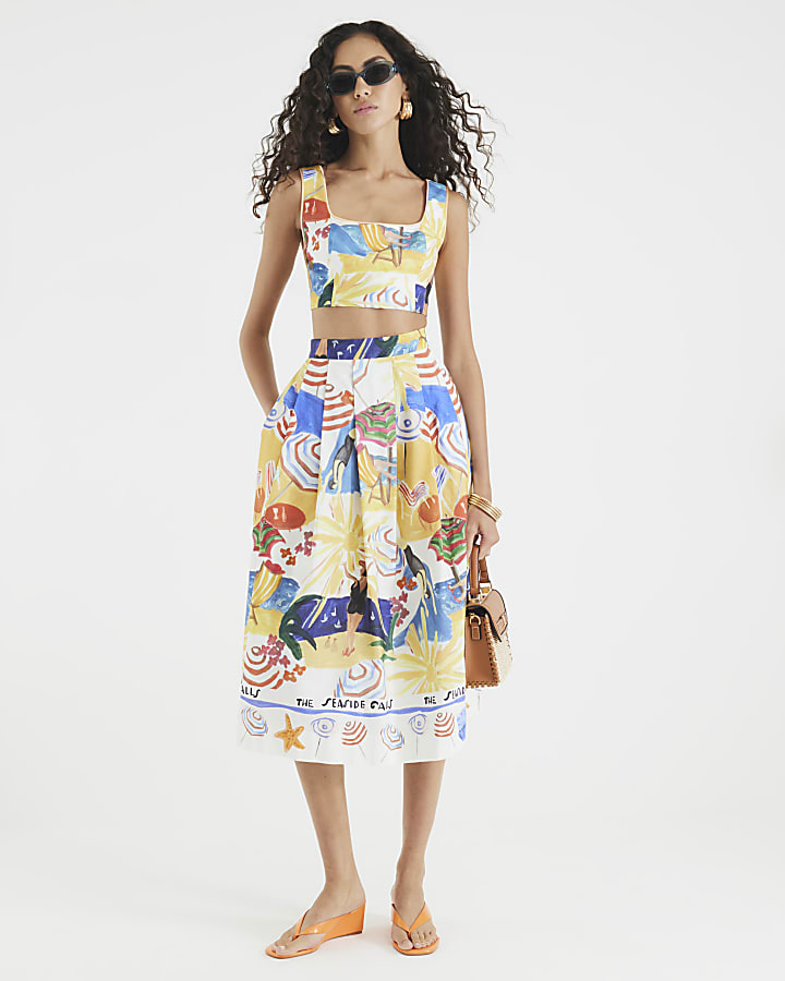Multi Colour Graphic Print Prom Skirt