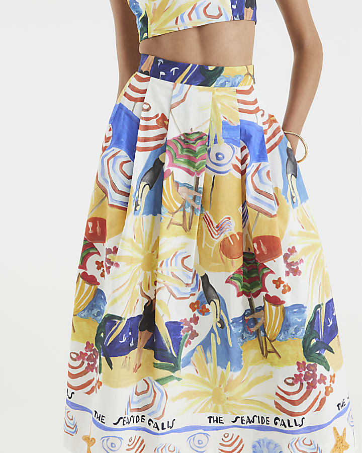 Multi Colour Graphic Print Prom Skirt
