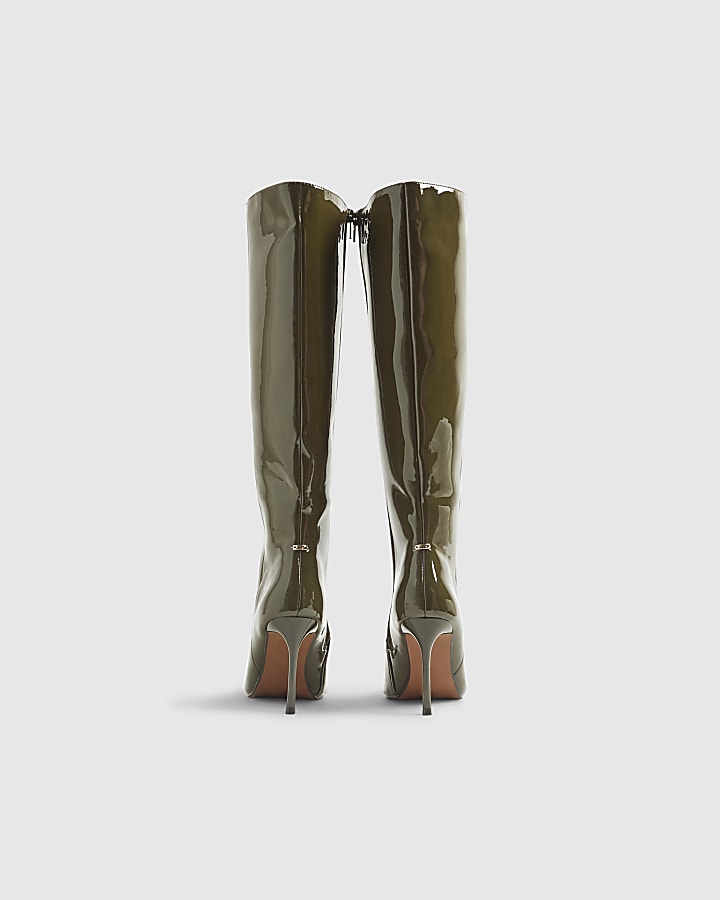 Green Patent Skinny Heel Knee High Boots