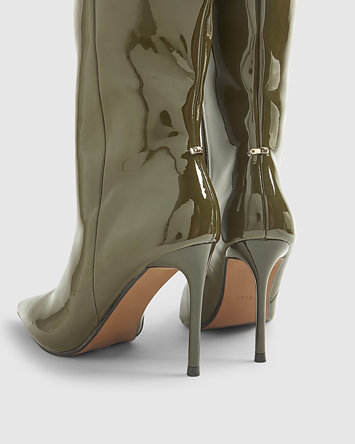 Green Patent Skinny Heel Knee High Boots