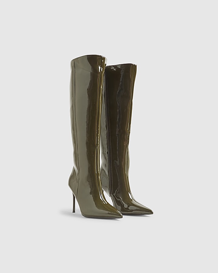 Green Patent Skinny Heel Knee High Boots