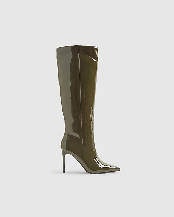 Green Patent Skinny Heel Knee High Boots