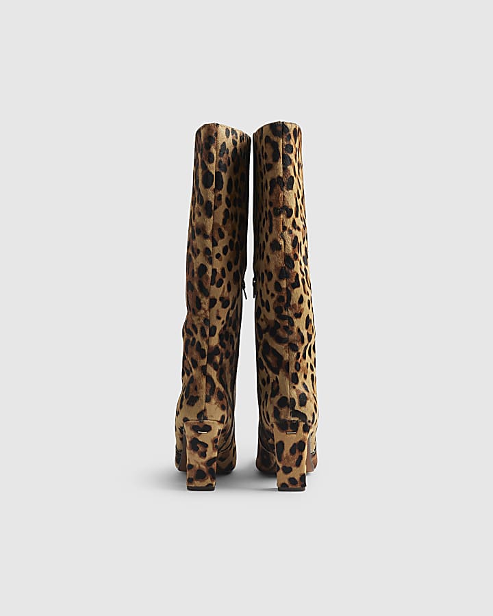 Brown Leather Leopard Print High Leg Boots