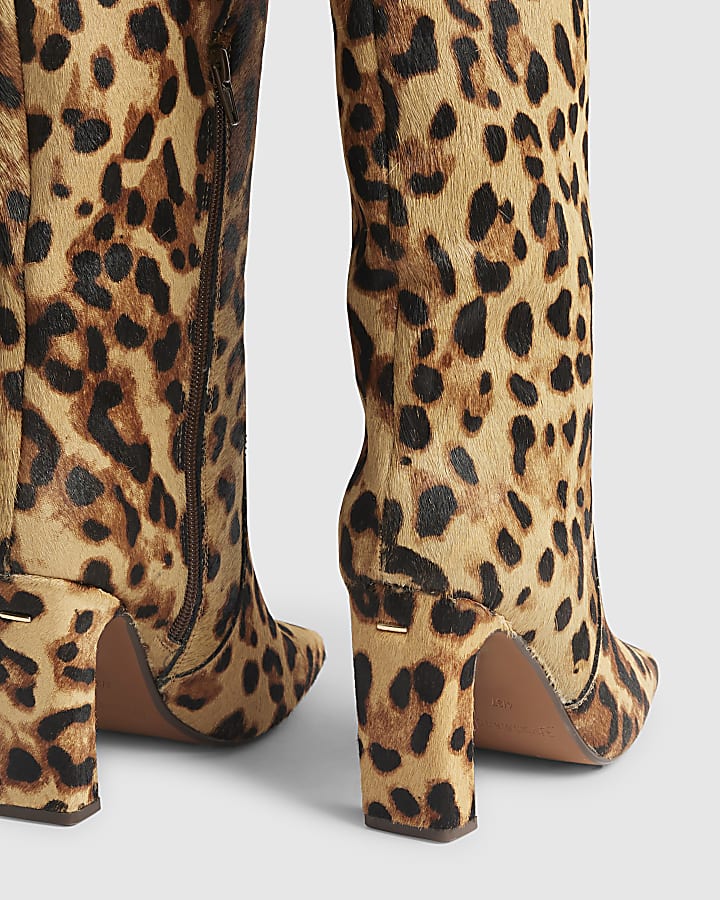 Brown Leather Leopard Print High Leg Boots