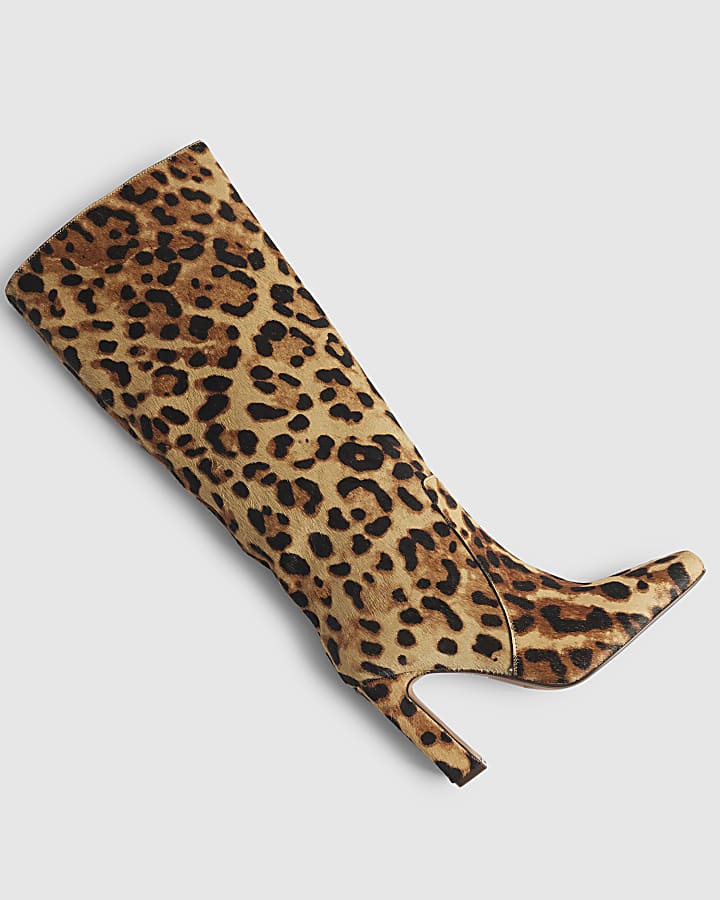 Brown Leather Leopard Print High Leg Boots