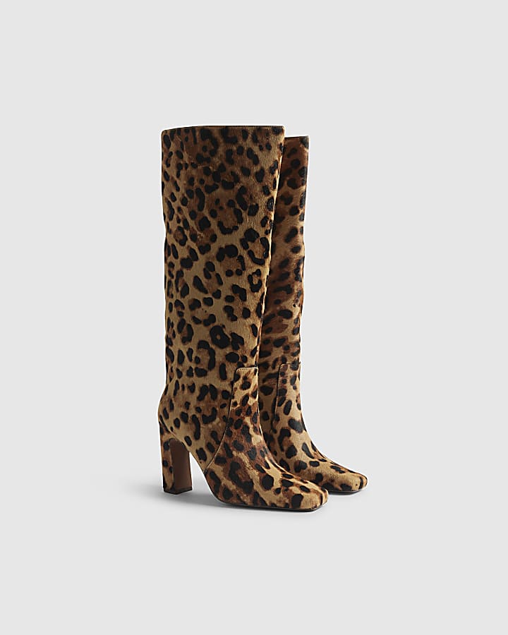 Brown Leather Leopard Print High Leg Boots