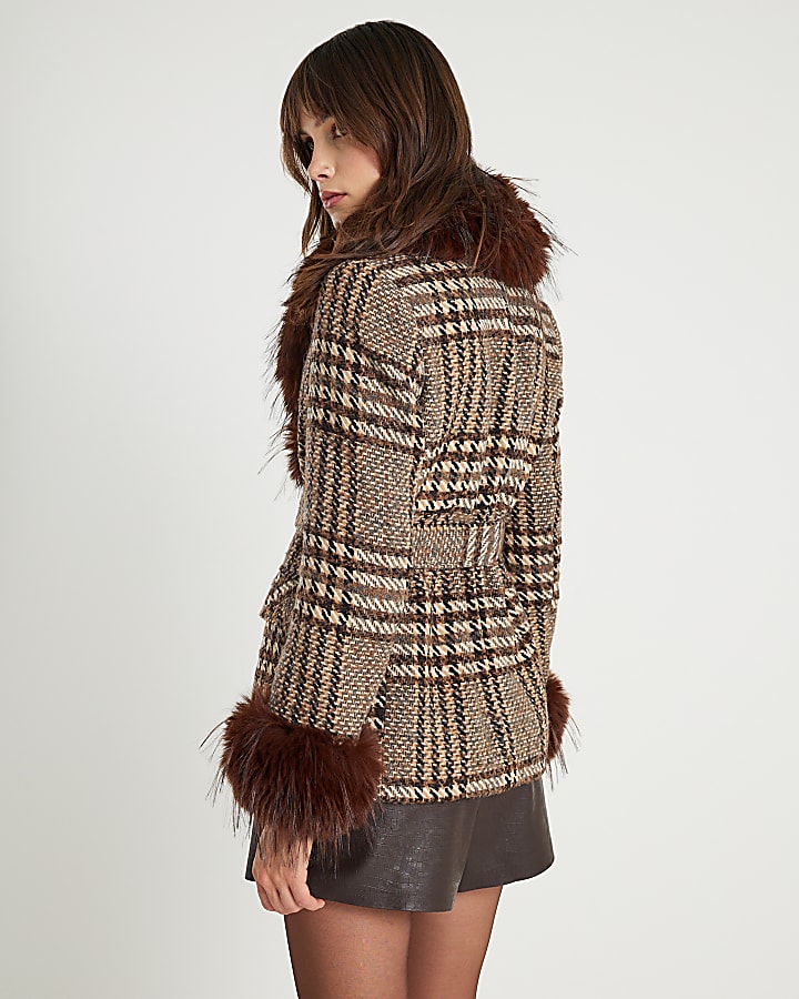 Brown Faux Fur Collar Check Wrap Coat
