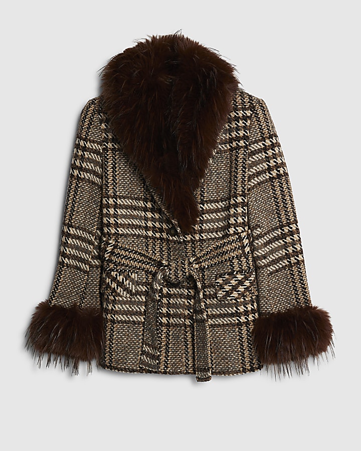 Brown Faux Fur Collar Check Wrap Coat