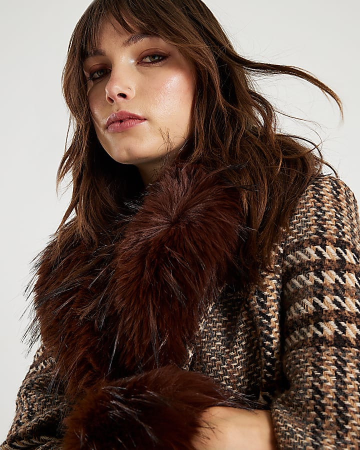 Brown Faux Fur Collar Check Wrap Coat