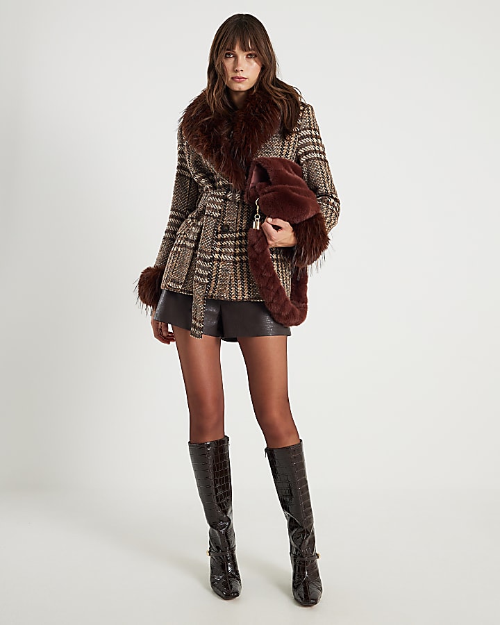 Brown Faux Fur Collar Check Wrap Coat