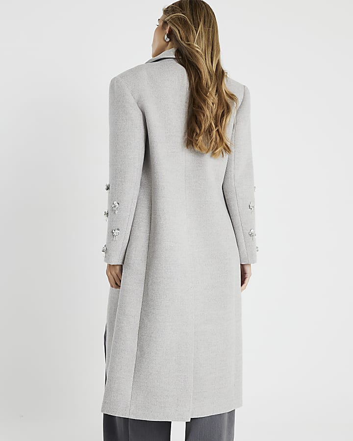 Grey 3D Flower Embellished Coat