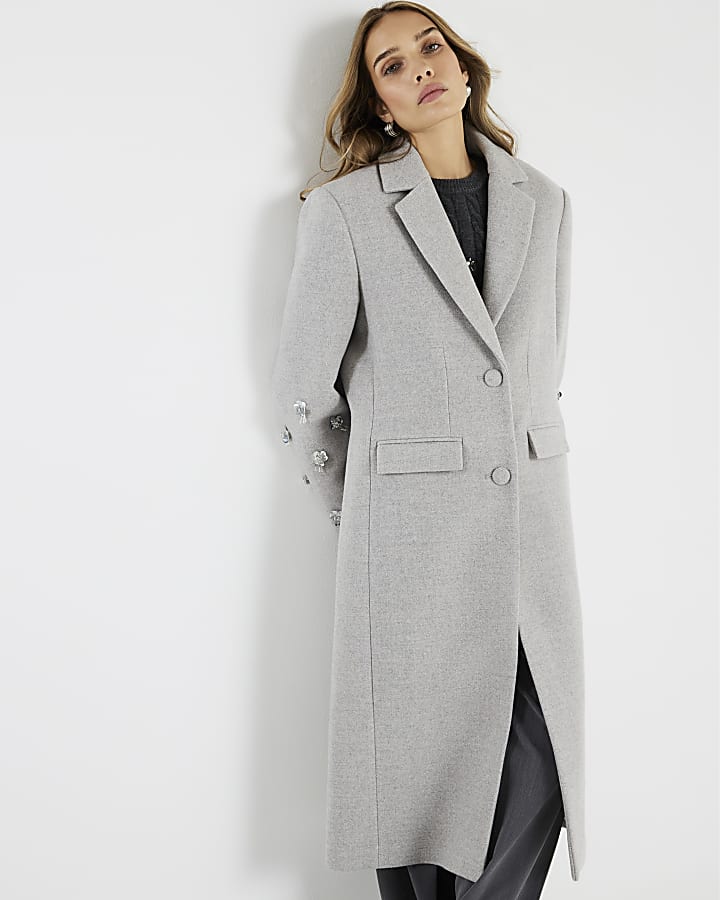 Grey 3D Flower Embellished Coat