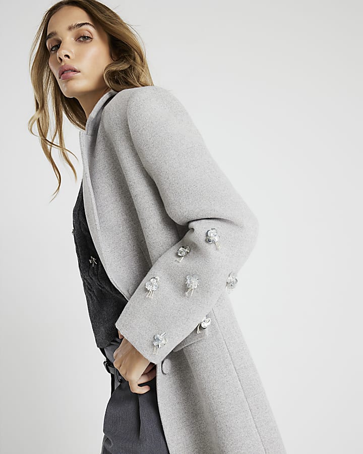 Grey 3D Flower Embellished Coat