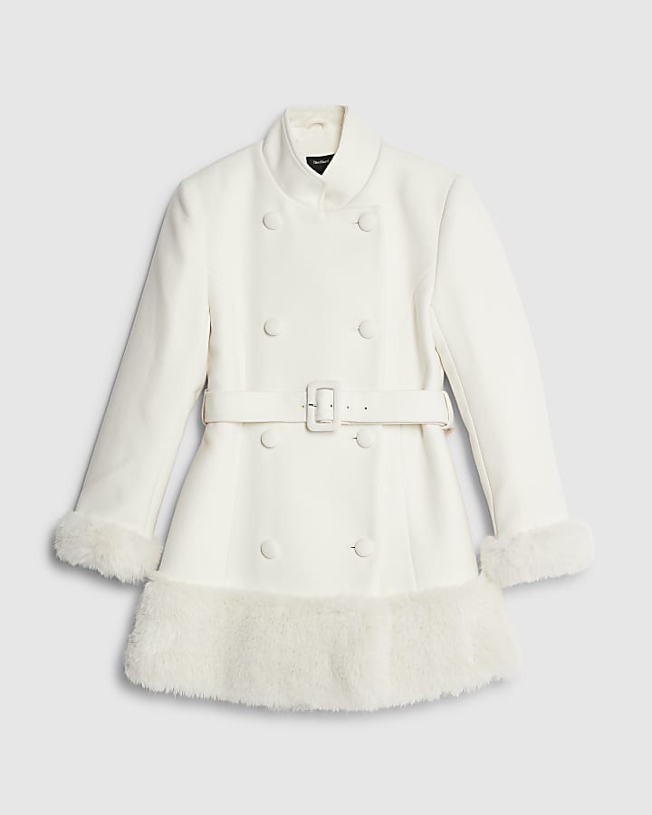 Cream Faux Fur Trim Belted Coat