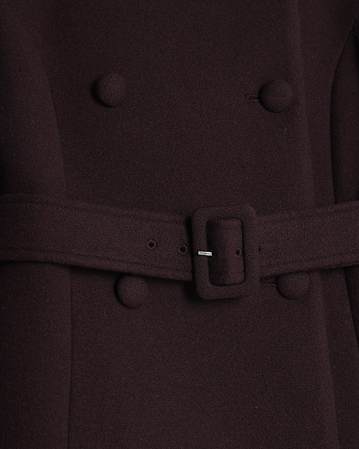 Red Faux Fur Trim Belted Coat