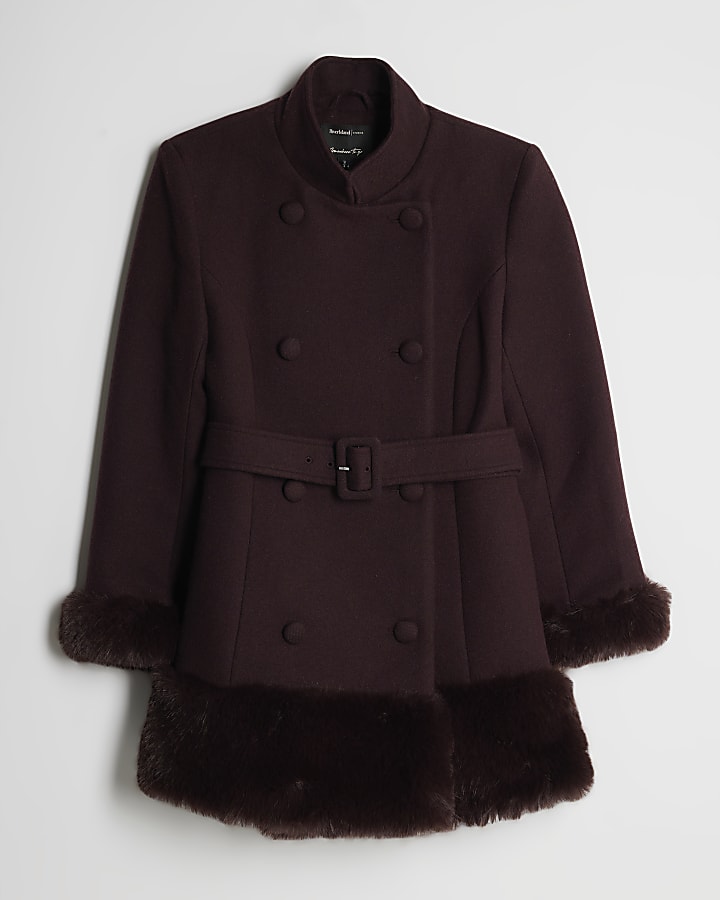 Red Faux Fur Trim Belted Coat