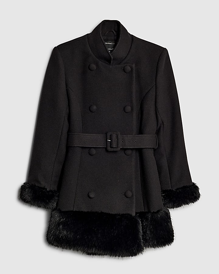Black Faux Fur Trim Belted Coat