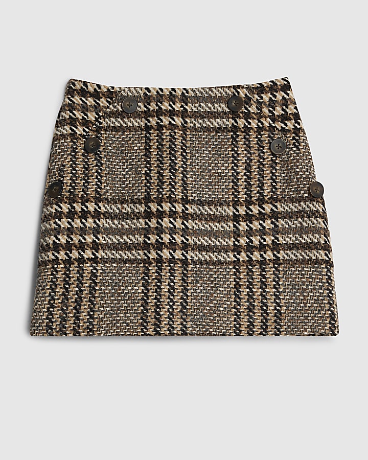 Brown Check Print Mini Skirt