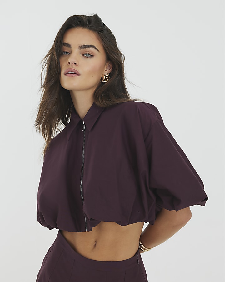 Purple Zip Front Cropped Shirt