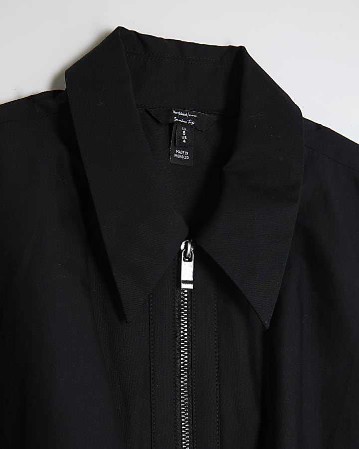 Black Bubble Hem Zip Front Cropped Shirt