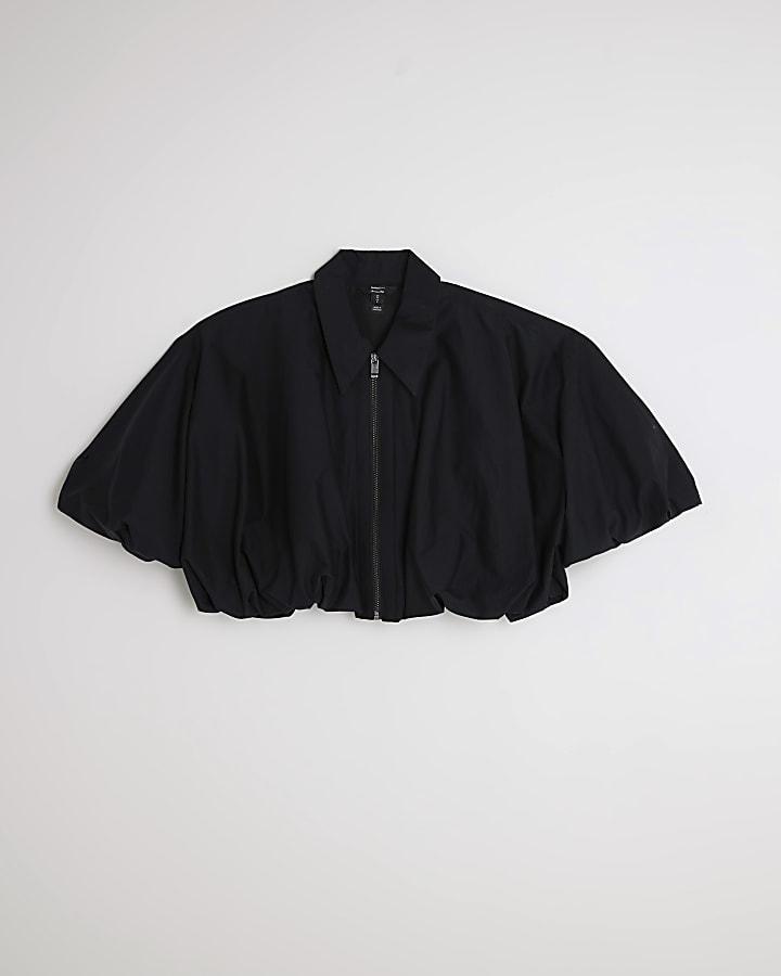Black Bubble Hem Zip Front Cropped Shirt
