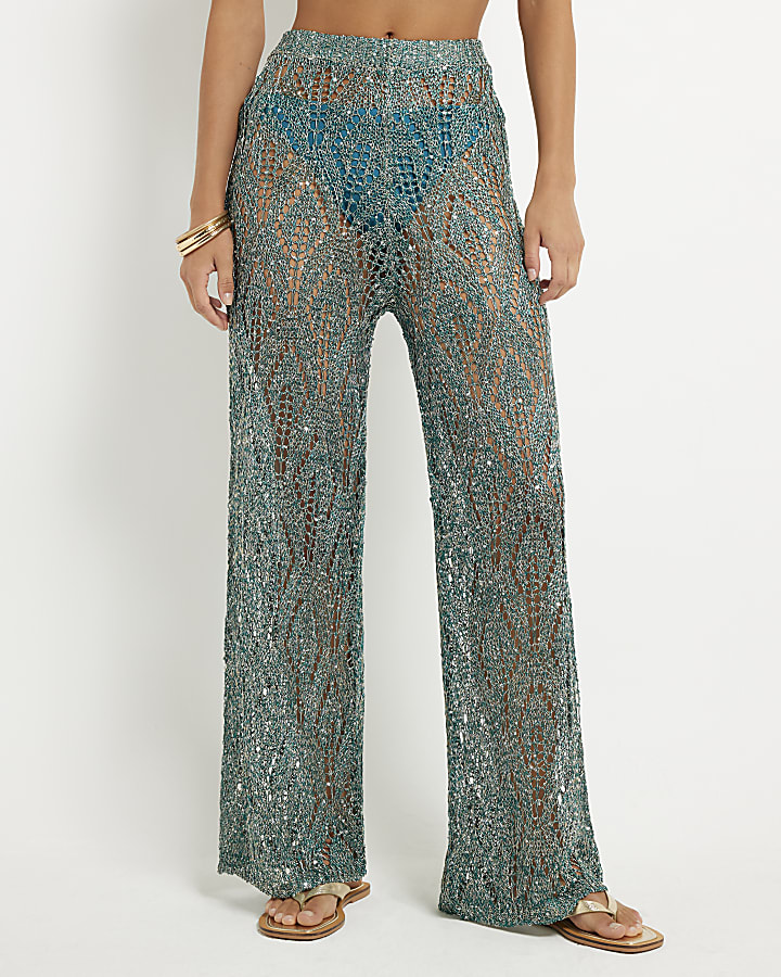 Green Metallic Knitted Beach Trousers