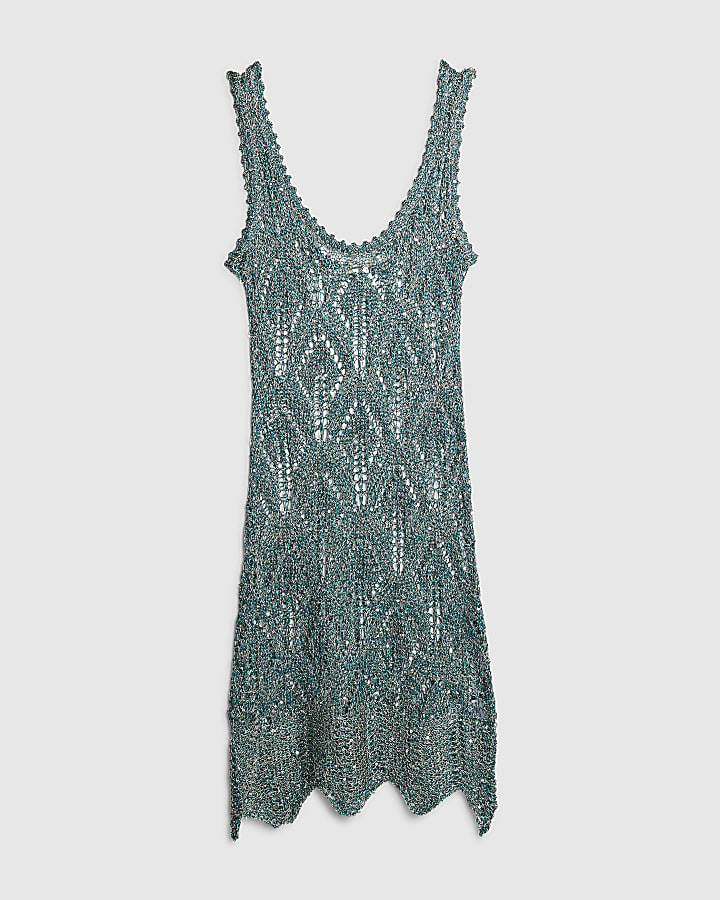 Green Metallic Knitted Beach Tunic Dress