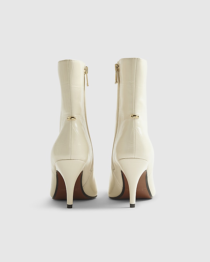 Cream Chisel Toe Heeled Ankle Boots