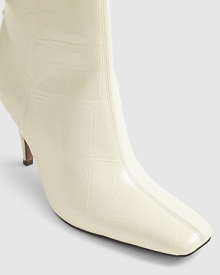 Cream Chisel Toe Heeled Ankle Boots