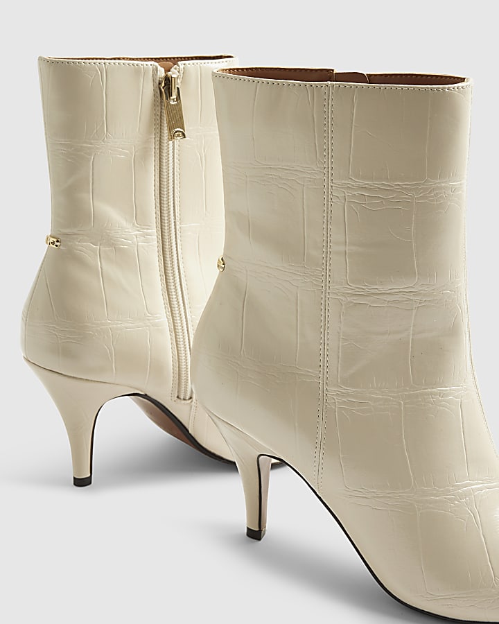 Cream Chisel Toe Heeled Ankle Boots