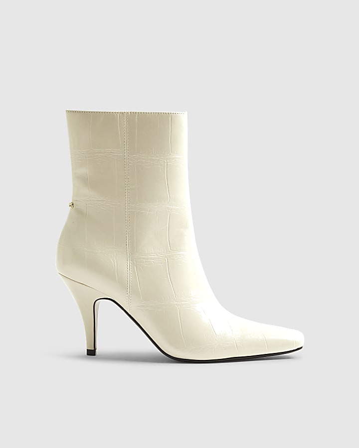 Cream Chisel Toe Heeled Ankle Boots