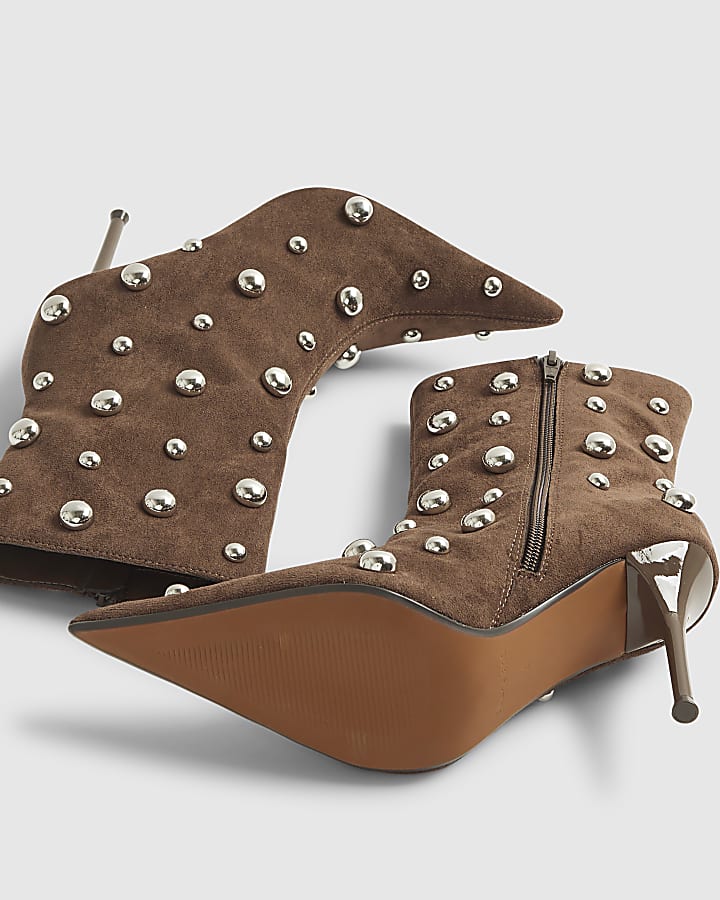 Beige Studded Heeled Ankle Boots
