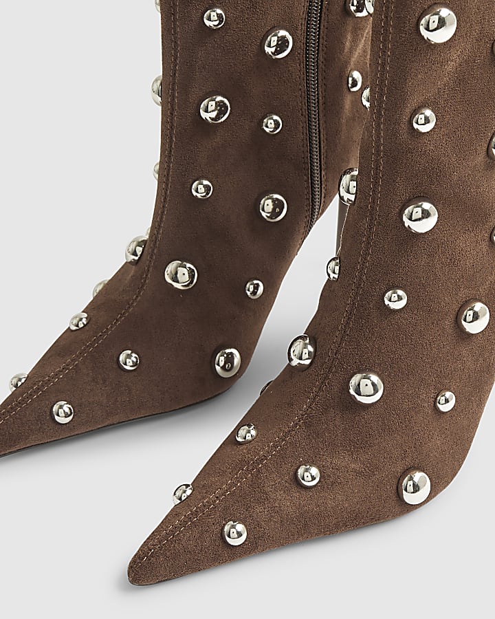 Beige Studded Heeled Ankle Boots